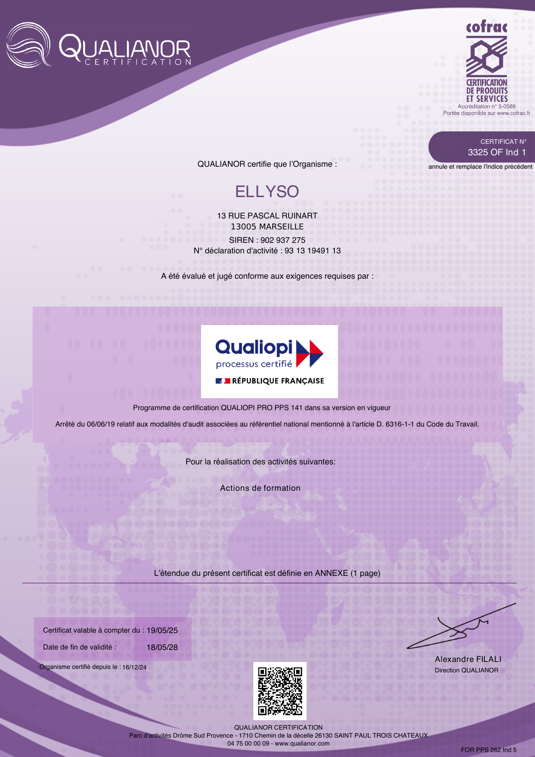 Page 1 du certificat Qualiopi ELLYSO
